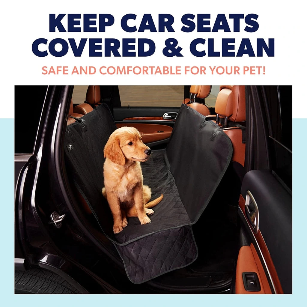 Pup Protector Back Seat Dog Car Cover and the Dog Sitting on It.