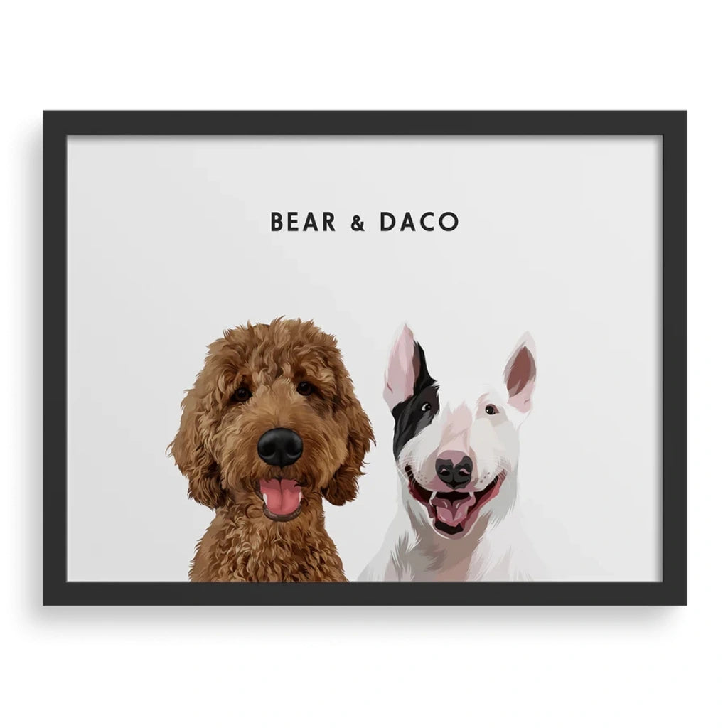 Custom Modern Two Pet Portrait in White Background and Black Frame