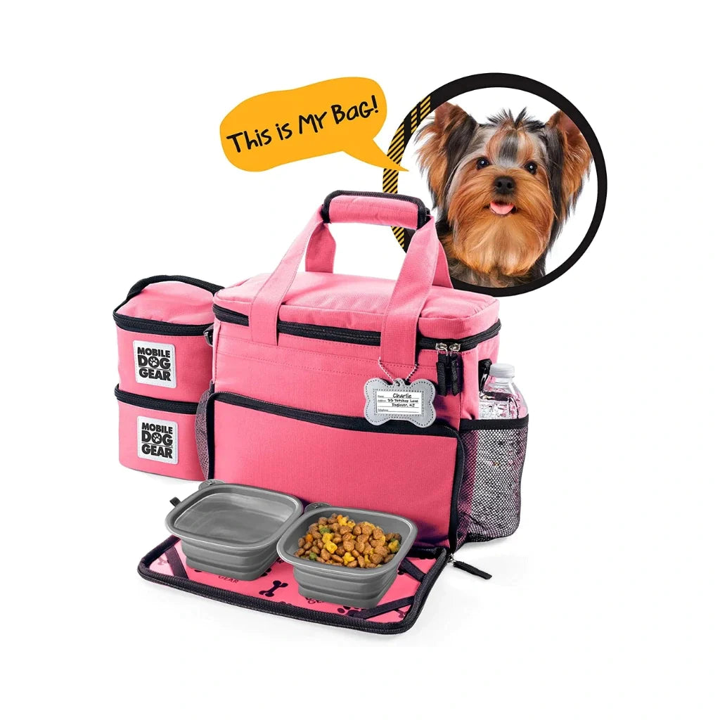 Original Dog Travel Bag Pink Color with two dog food bowls