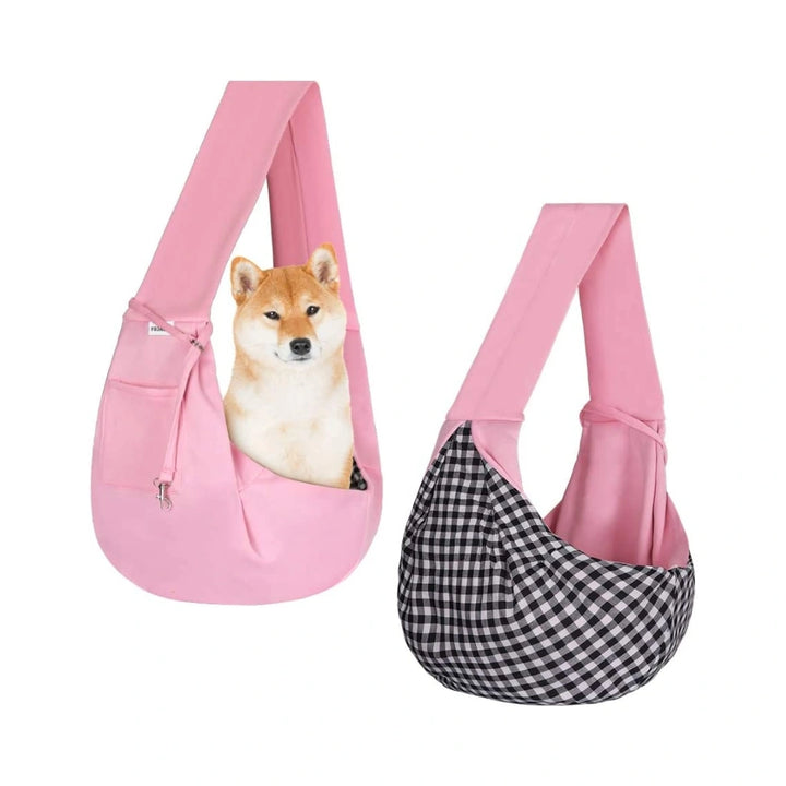 PawsApproved- Two Pink Dog Sling Carrier with a dog inside