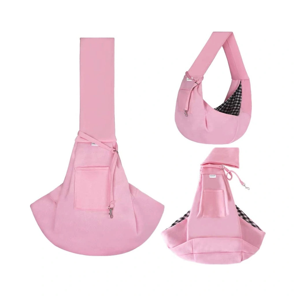 PawsApproved- Three Pink Dog Sling Carrier with a dog inside