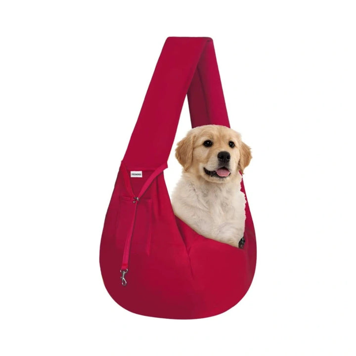PawsApproved- Red Dog Sling Carrier with a dog inside