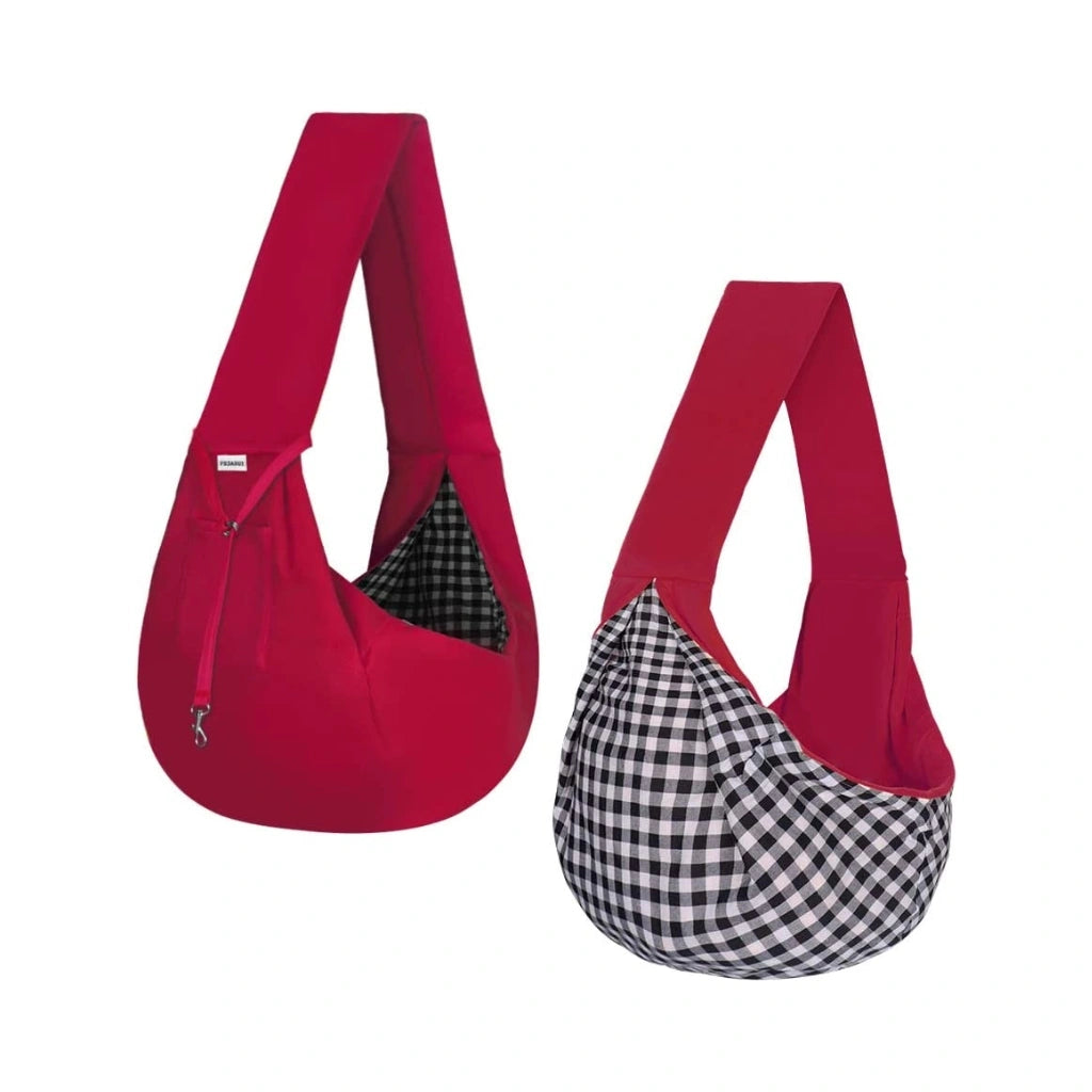 PawsApproved- Two Red Dog Sling Carrier with a dog inside