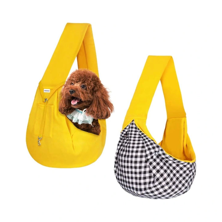 PawsApproved- Two Yellow Dog Sling Carrier with a dog inside
